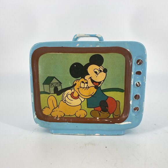 RARE Vintage Old Disney Mickey Mouse Pluto TV Blue Ceramic Piggy Bank No Stopper - Picture 1 of 5